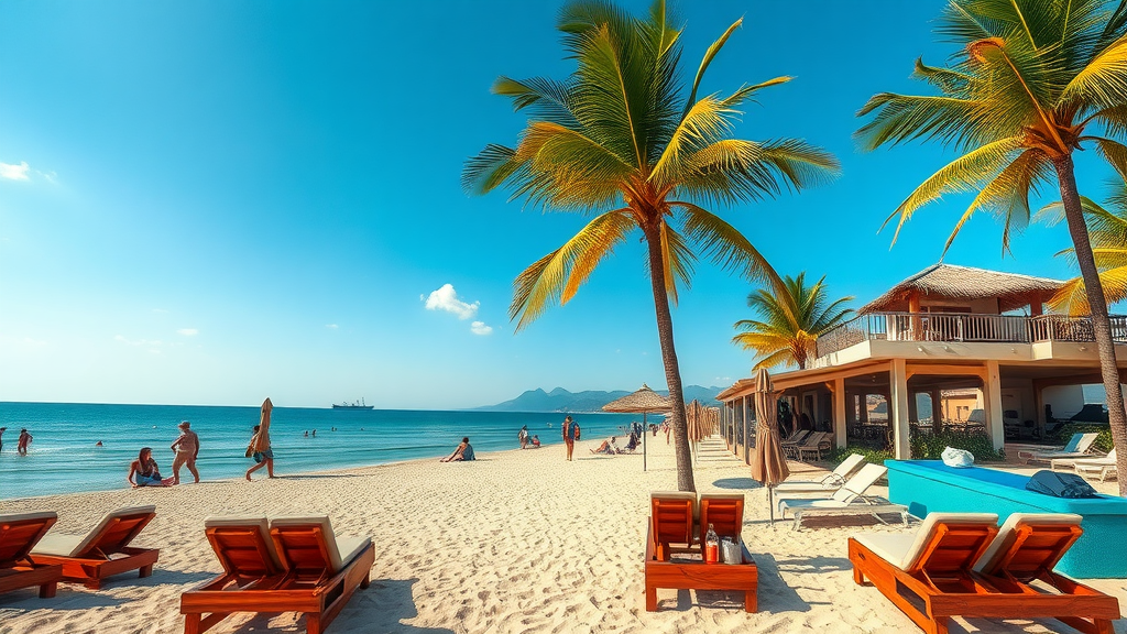 A sunny day at Playa de Arenal in Ibiza with palm trees, sun loungers, and people enjoying the beach.