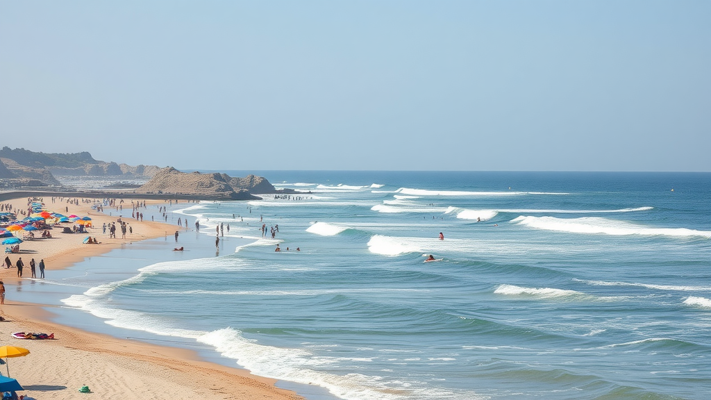 View of Playa de la Barrosa with colorful umbrellas on the beach and gentle waves in the ocean.