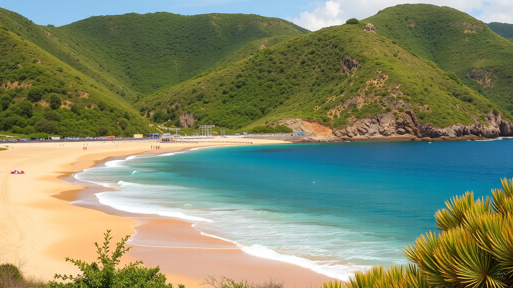 A panoramic view of Playa de la Concha, showcasing golden sands, clear blue waters, and green hills in the background.