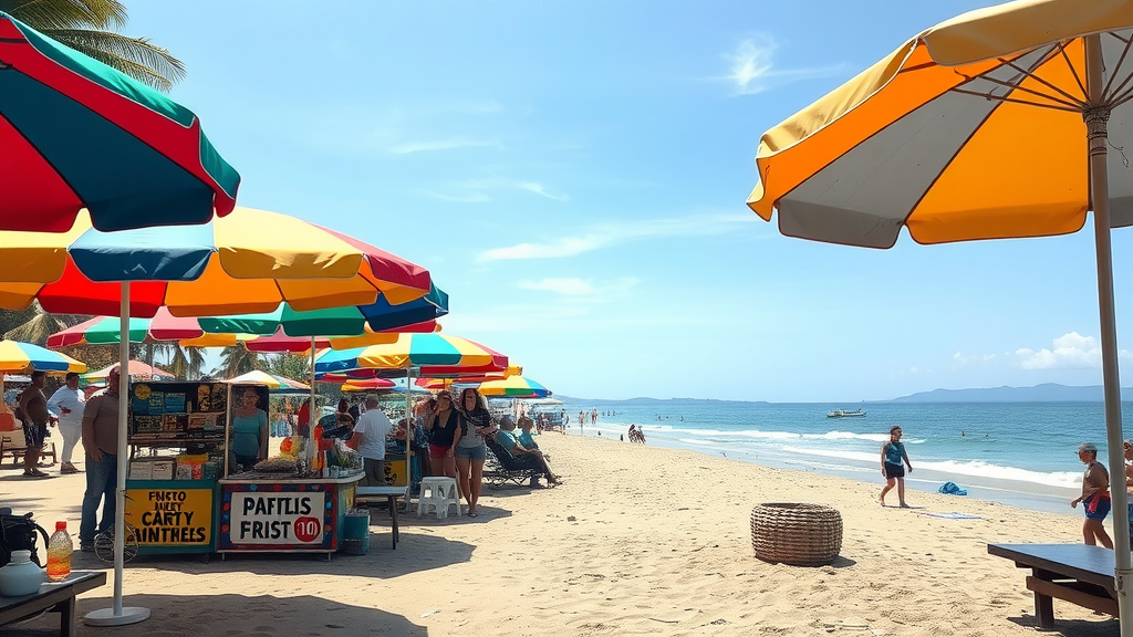 Colorful beach umbrellas and vendors at Playa de La Malagueta, Málaga