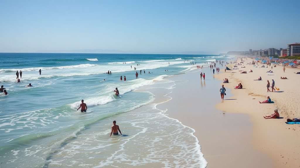 A busy beach scene at Playa de la Victoria, Cádiz, with people enjoying the sun and waves.