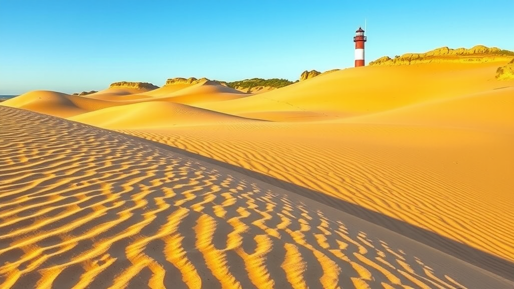 Golden dunes at Playa de Maspalomas with a lighthouse in the distance