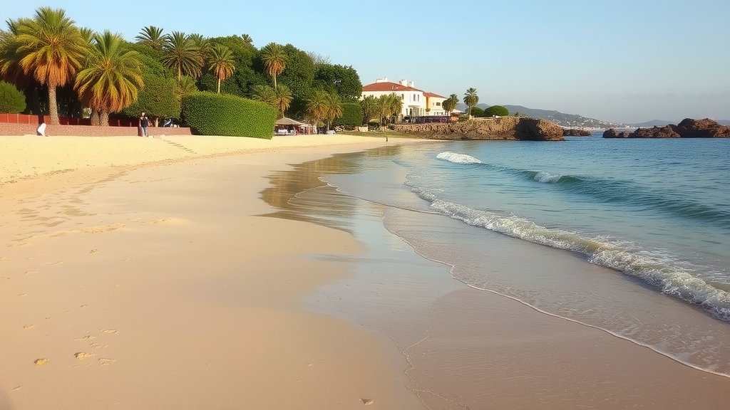 A tranquil view of Playa de Muro with palm trees, golden sand, and gentle waves.