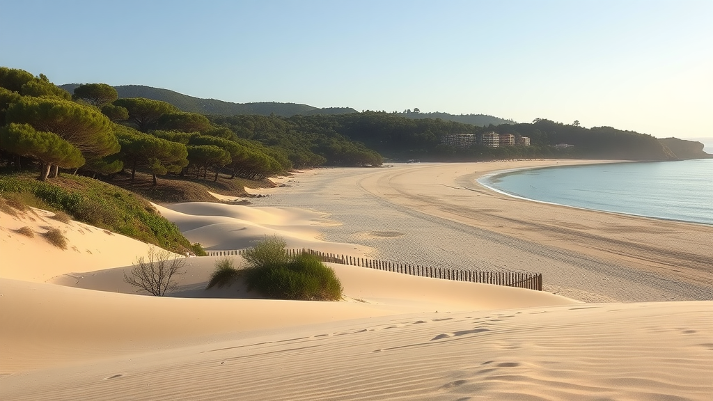 A scenic view of Playa de Pals, Costa Brava, with golden sand, clear water, and lush pine trees in the background.