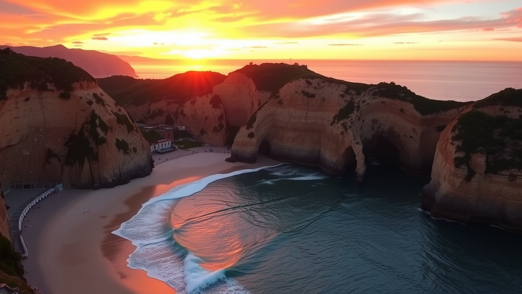 A beautiful sunset at Playa de Ronda, showcasing its golden sands and cliffs.