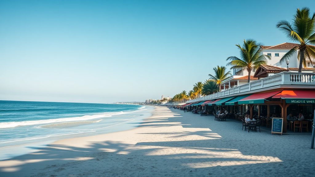 A scenic view of Playa de San Juan, Alicante, featuring golden sand, gentle waves, and beachside restaurants.