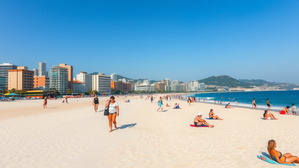 A sunny beach scene with people relaxing on the sand and a city skyline in the background.