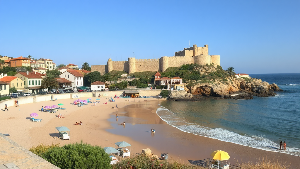 A picturesque view of Playa de Tossa de Mar, showcasing the sandy beach, colorful umbrellas, and a historic castle in the background.