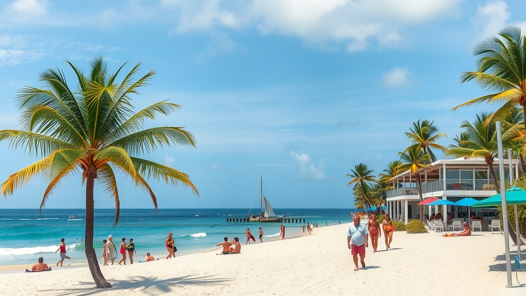 A beautiful beach scene in Playa del Carmen, Mexico, featuring palm trees, people walking on the sand, and a clear blue sky.