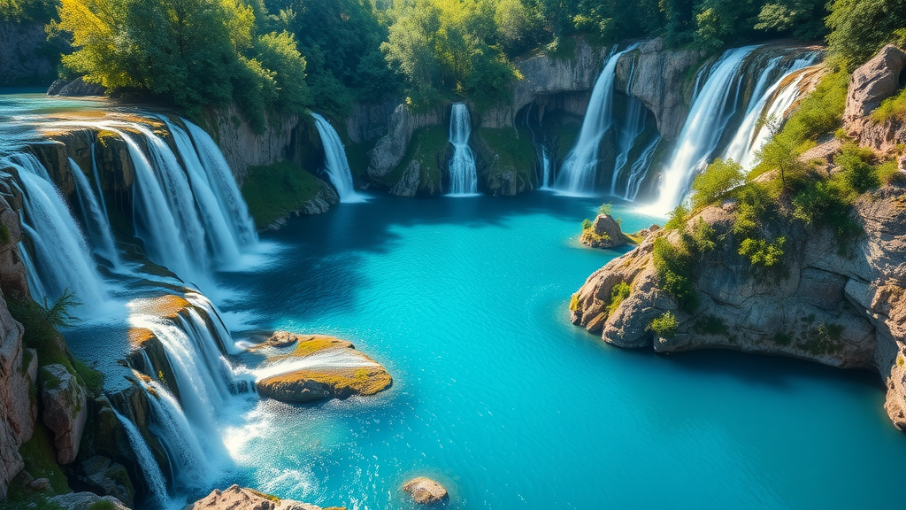 Scenic view of waterfalls and blue lakes at Plitvice Lakes National Park