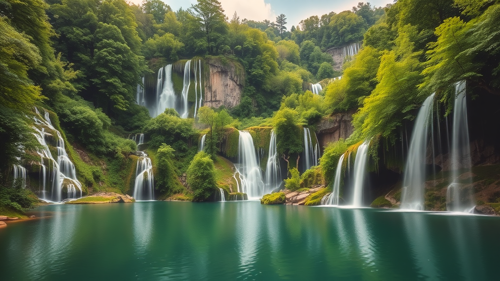 A beautiful view of waterfalls and turquoise lakes in Plitvice Lakes National Park, Croatia