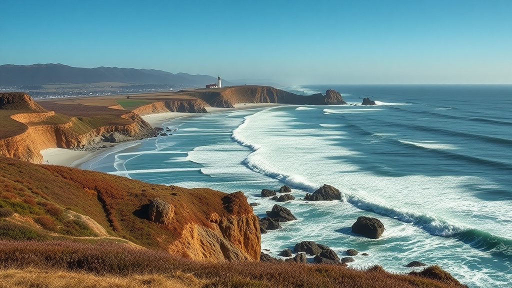 A stunning view of Point Reyes featuring cliffs, ocean waves, and a distant lighthouse.