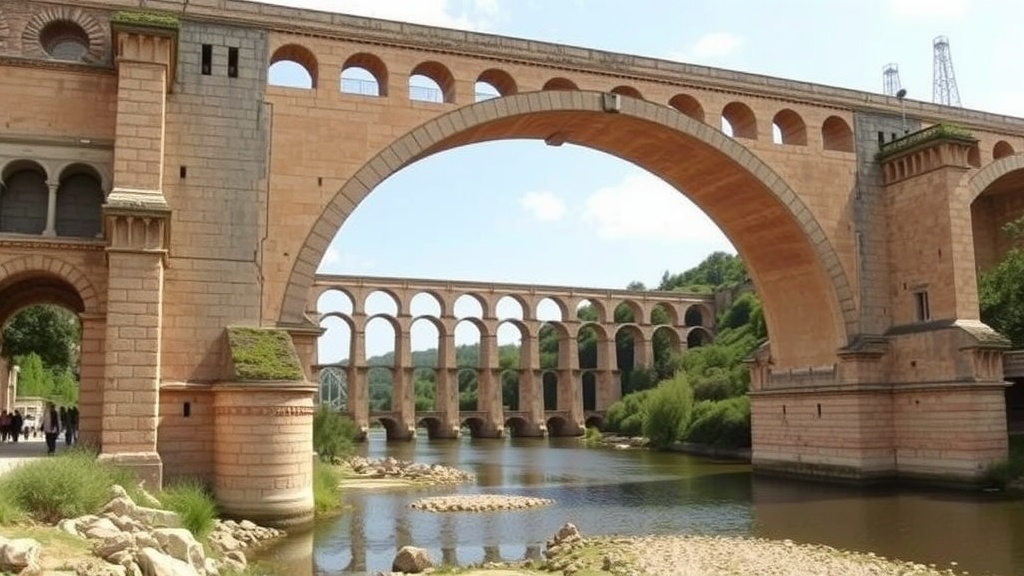 The Pont du Gard, an ancient Roman aqueduct in France, with arched bridges over a river.