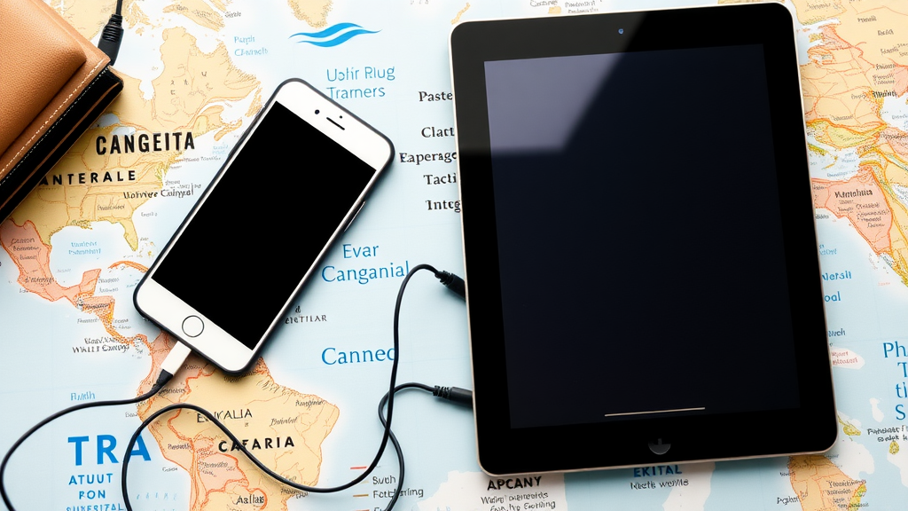 A smartphone and tablet plugged into chargers on a map