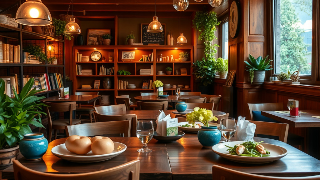 Cozy restaurant interior with wooden tables, plants, and farm-to-table dishes.