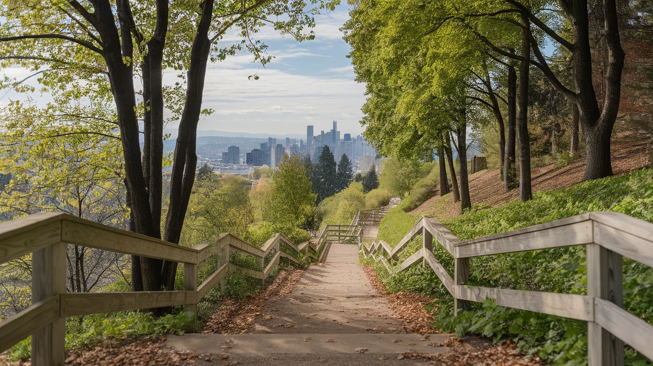 Pathway through trees leading to Portland's city skyline.