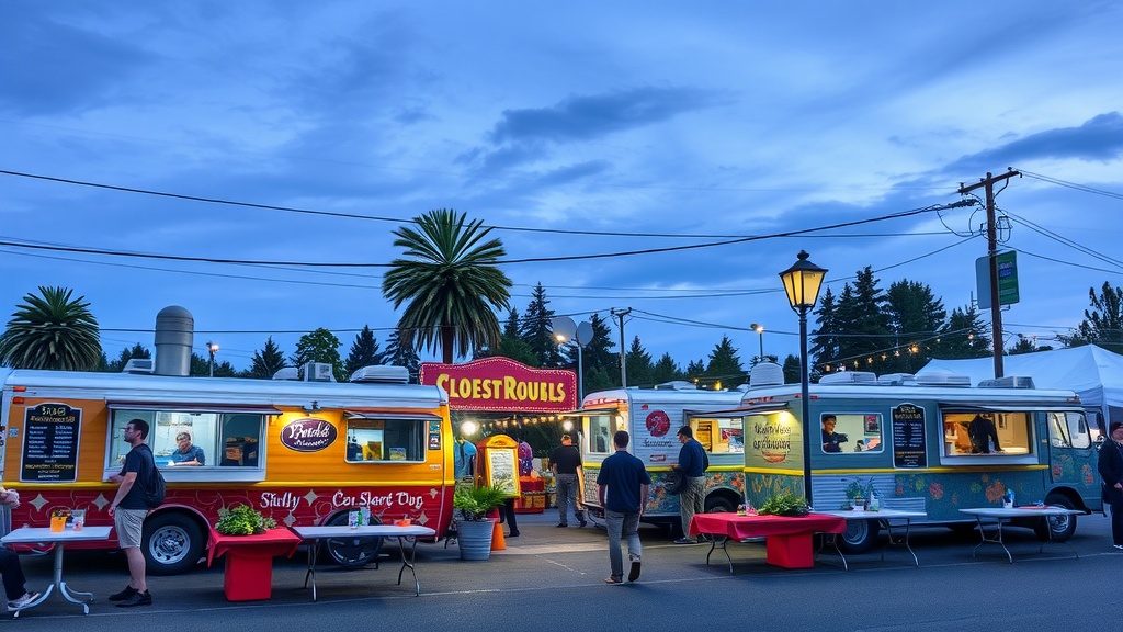 Food trucks in Portland offering various cuisines with people enjoying the outdoor dining experience.