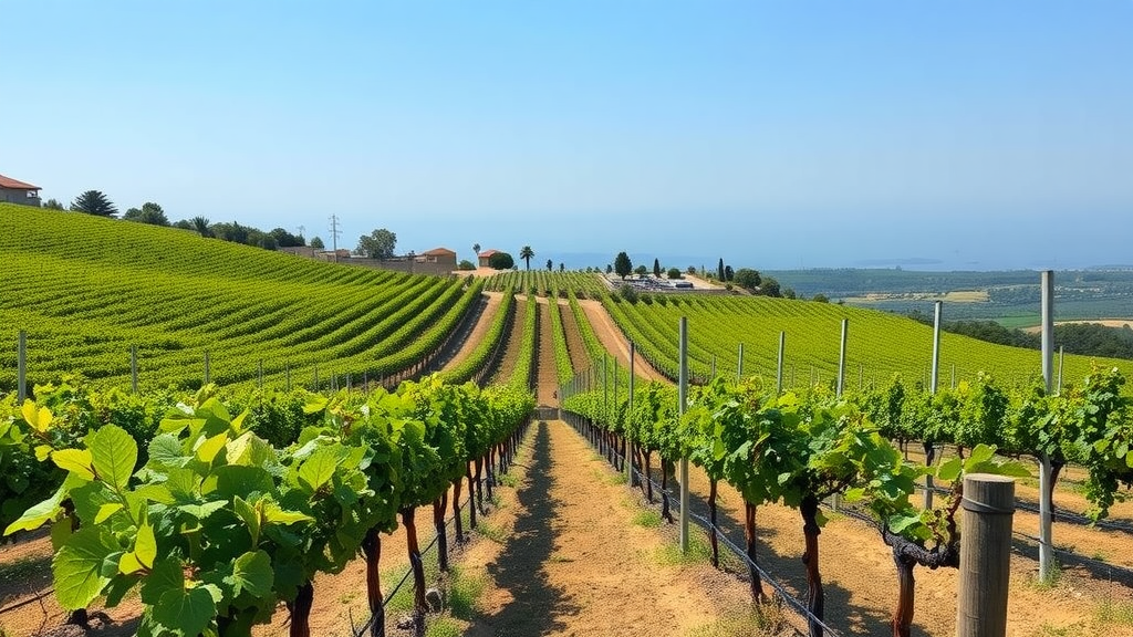 A scenic view of lush green vineyards in Portugal, with a clear blue sky and distant hills.