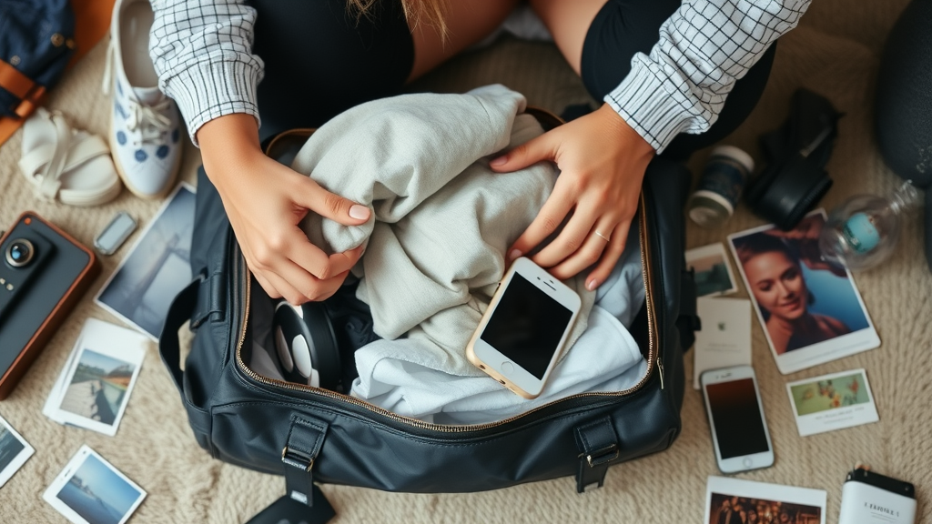 A person unpacking a bag with various items laid out on the floor.