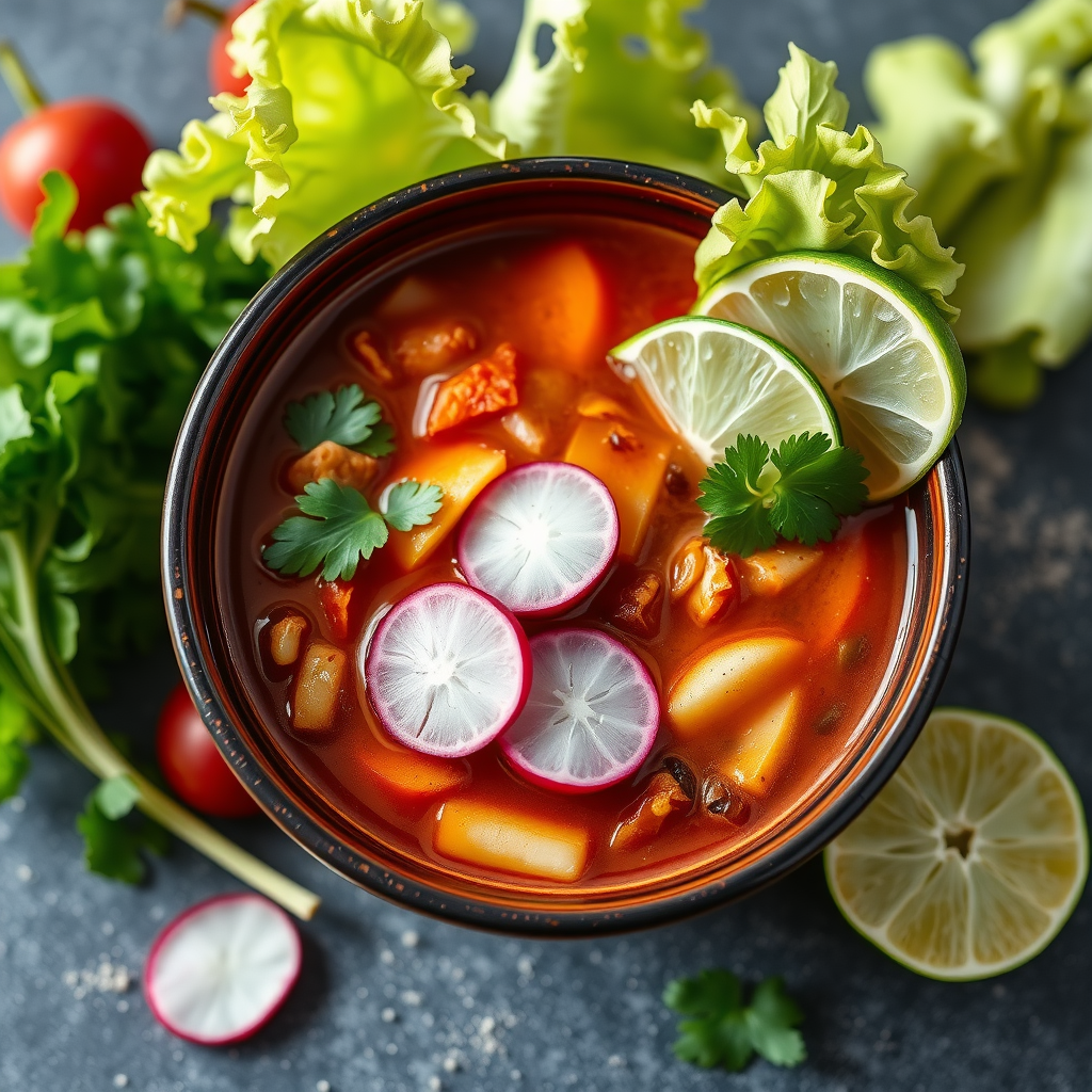 A bowl of pozole soup with radishes, lime, and greens, surrounded by fresh ingredients.