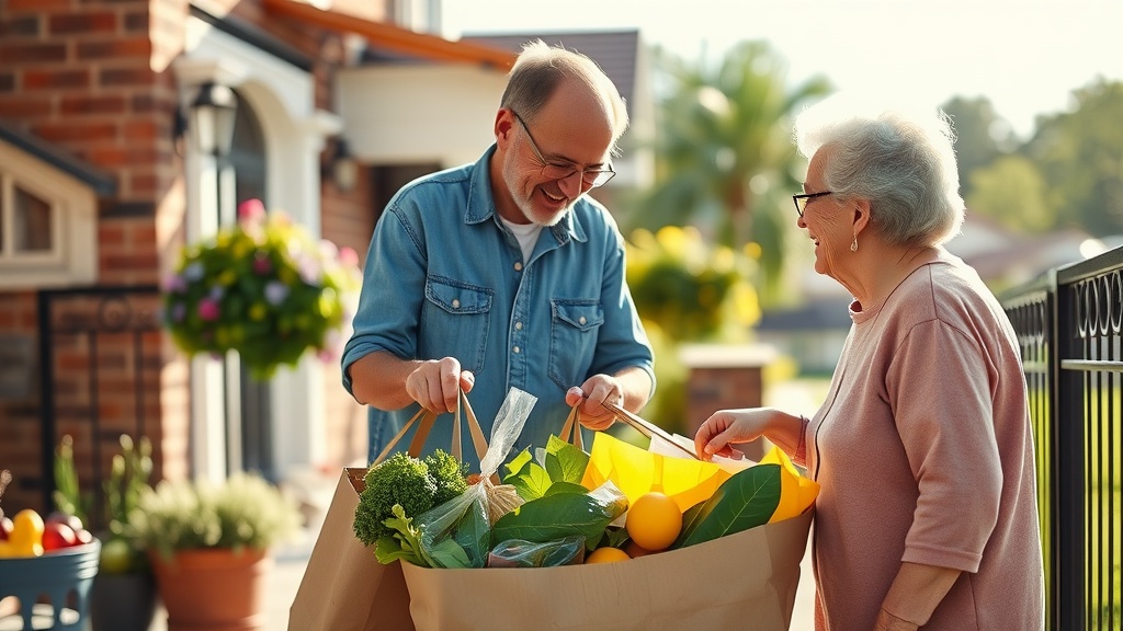 An elderly woman joyfully carrying groceries while smiling in a vibrant neighborhood.