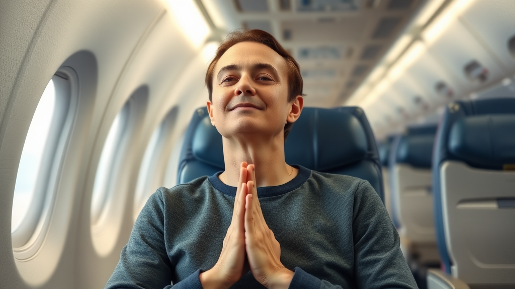 A person practicing breathing techniques on an airplane.