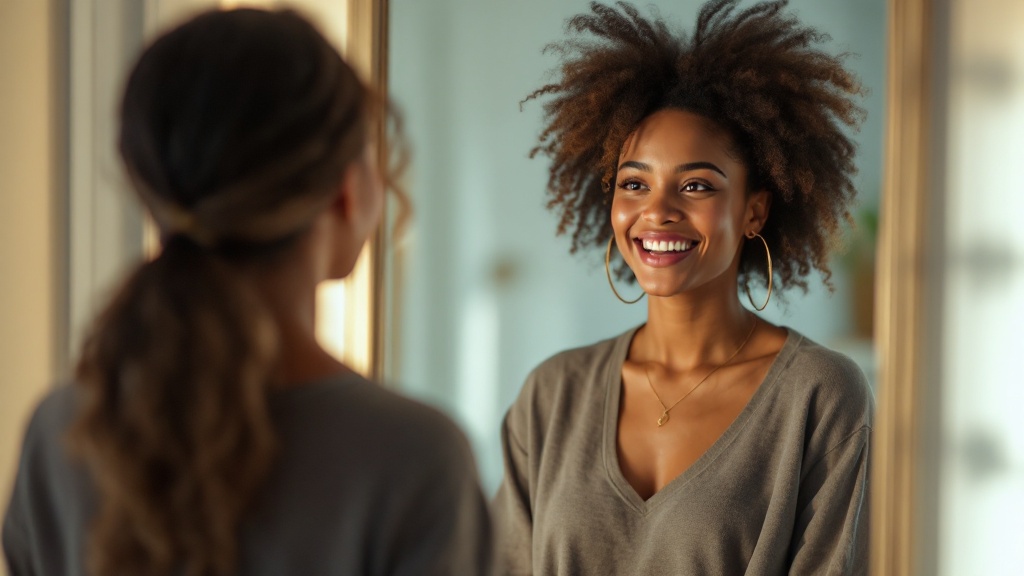 A woman with curly hair smiling at her reflection in a mirror, embodying self-confidence.