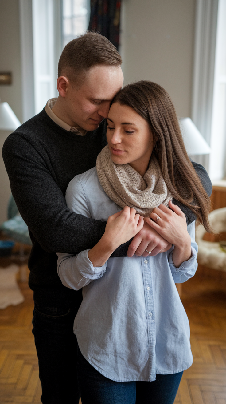 A couple embracing each other, showing affection and connection.