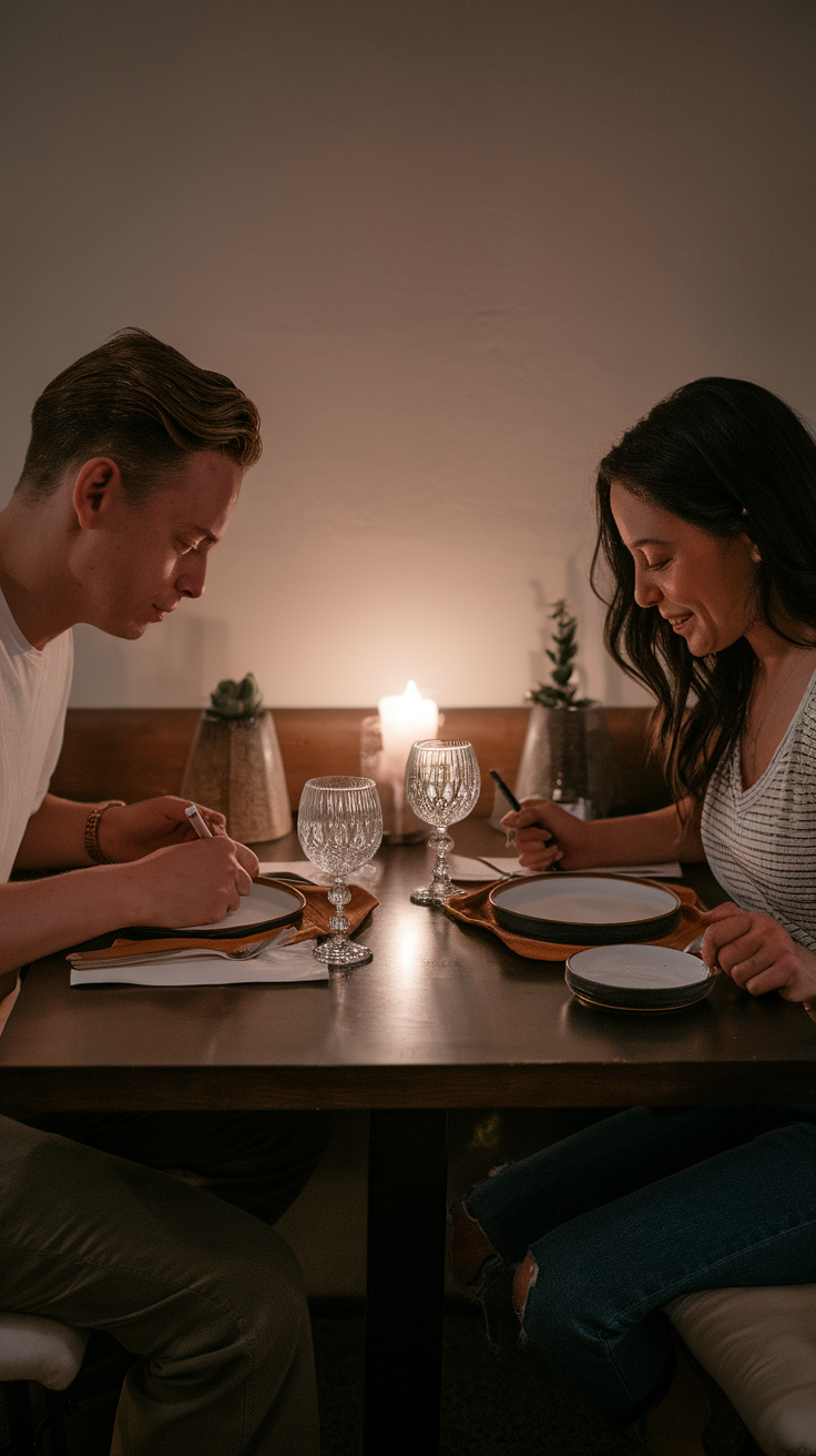 A couple sitting at a dinner table, writing notes to each other with candlelight in the background.