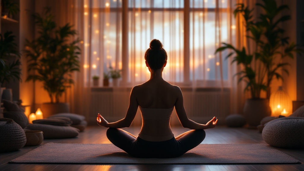 A person practicing meditation in a peaceful room filled with plants and candles.