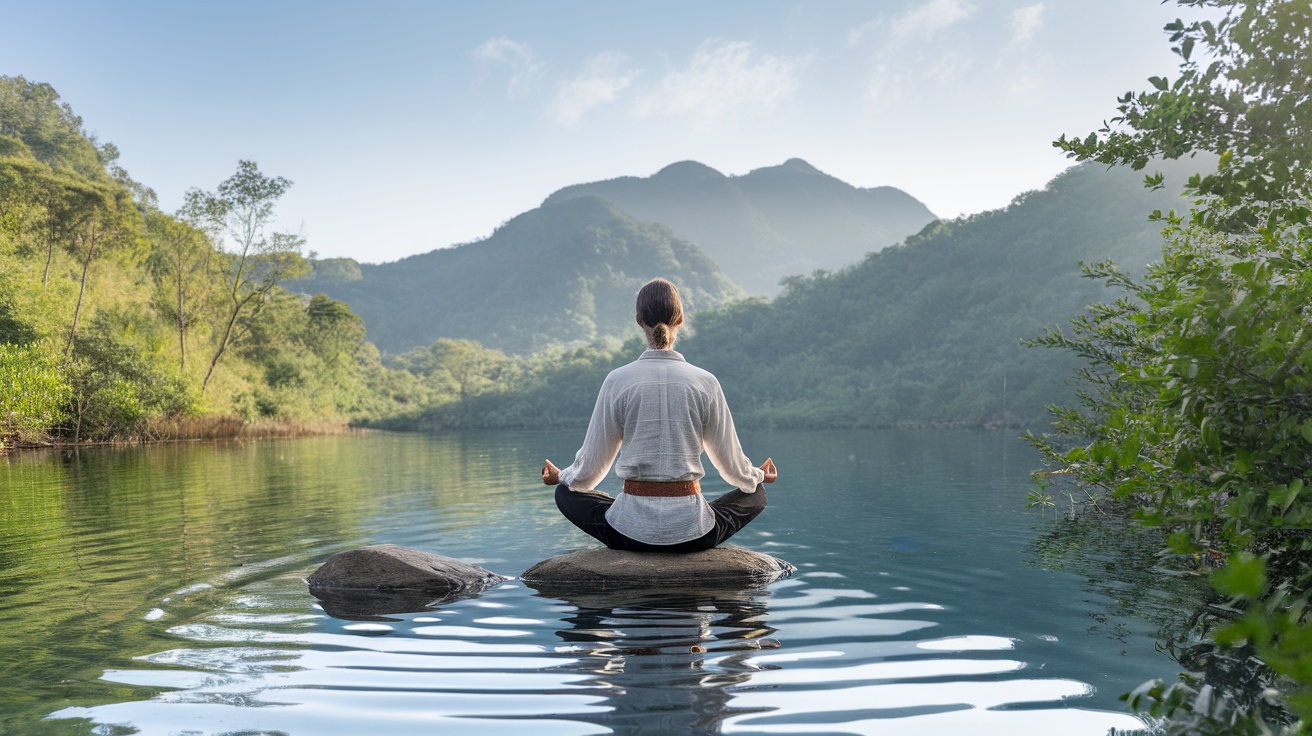 A person meditating on a rock in a calm lake surrounded by mountains and greenery.