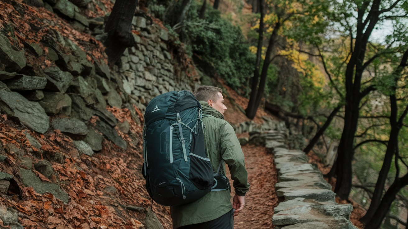 Person hiking with a heavy backpack on a forest path