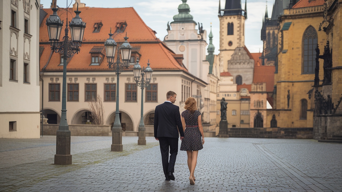 Couple walking in Prague's Old Town, surrounded by historic architecture.