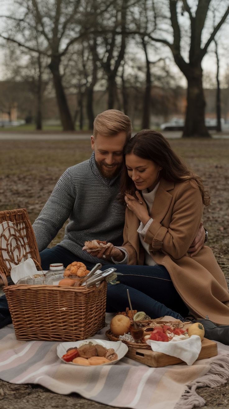 A couple enjoying a picnic together in a park, sharing food and smiles.