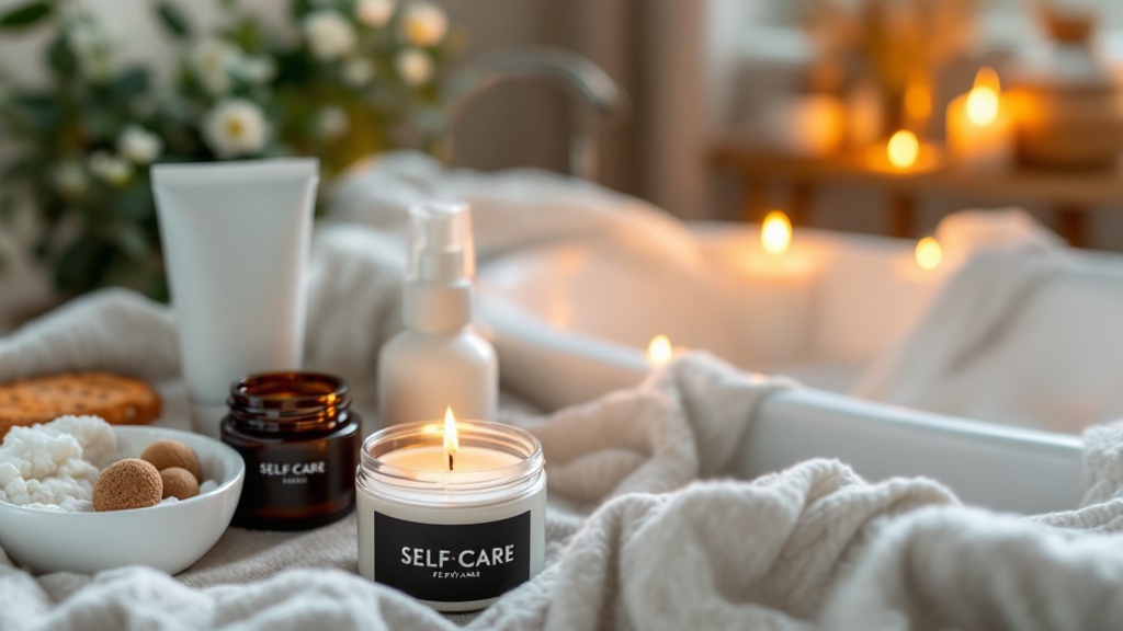 A relaxing self-care setup with candles, skincare products, and a cozy blanket.