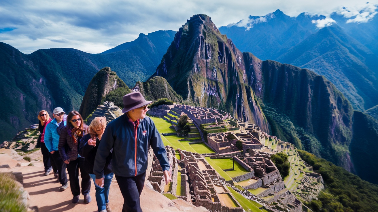 A group of people on a guided tour at Machu Picchu, surrounded by stunning mountain views.