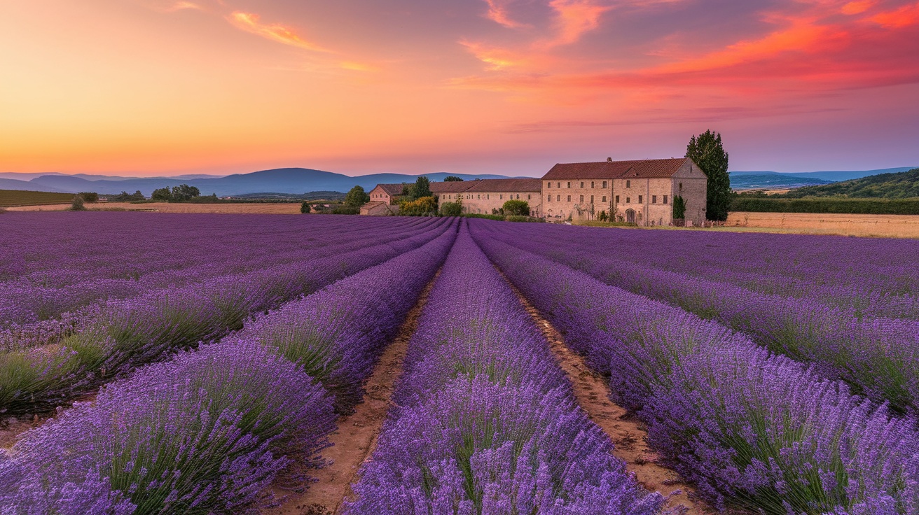 Lavender fields in Provence, France during sunset.