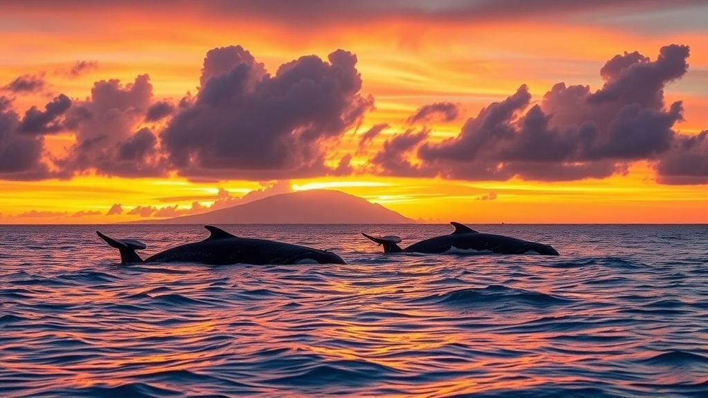 Dolphins swimming in the ocean during a sunset with clouds in the sky.