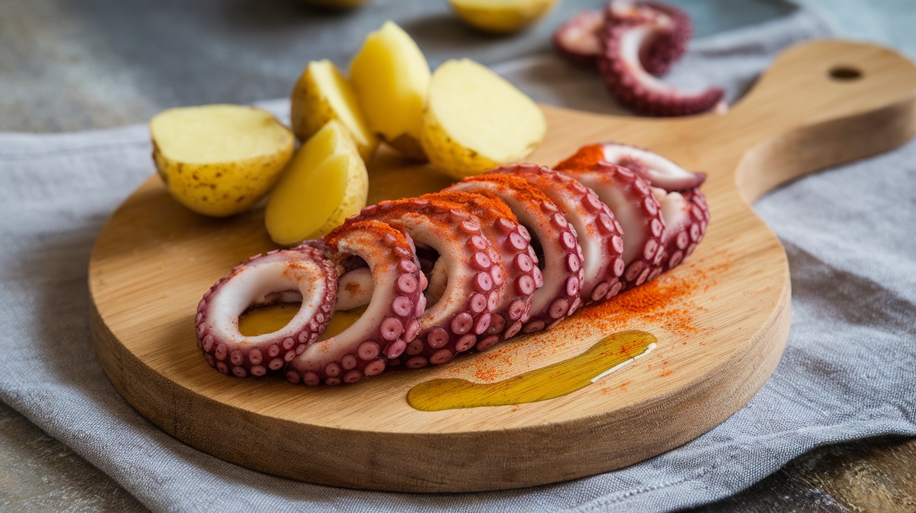 A wooden board with sliced octopus sprinkled with paprika, accompanied by boiled potatoes.