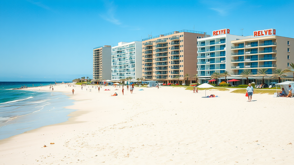 A sunny beach scene in Punta del Este, Uruguay, with hotels along the shoreline and people enjoying the sand.