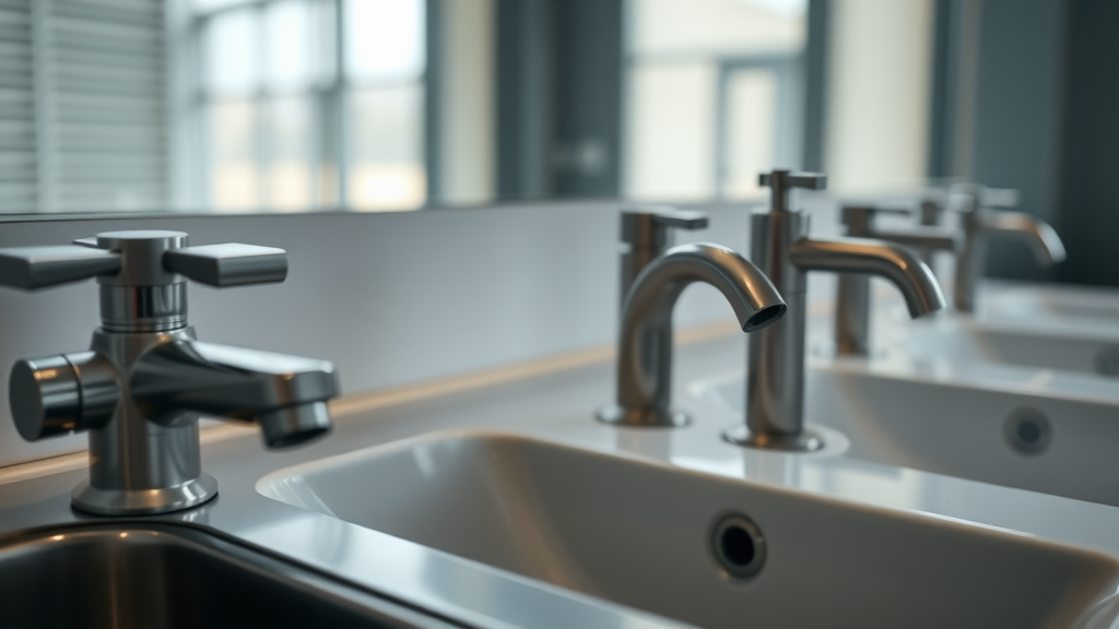 Close-up of modern bathroom faucets over sinks