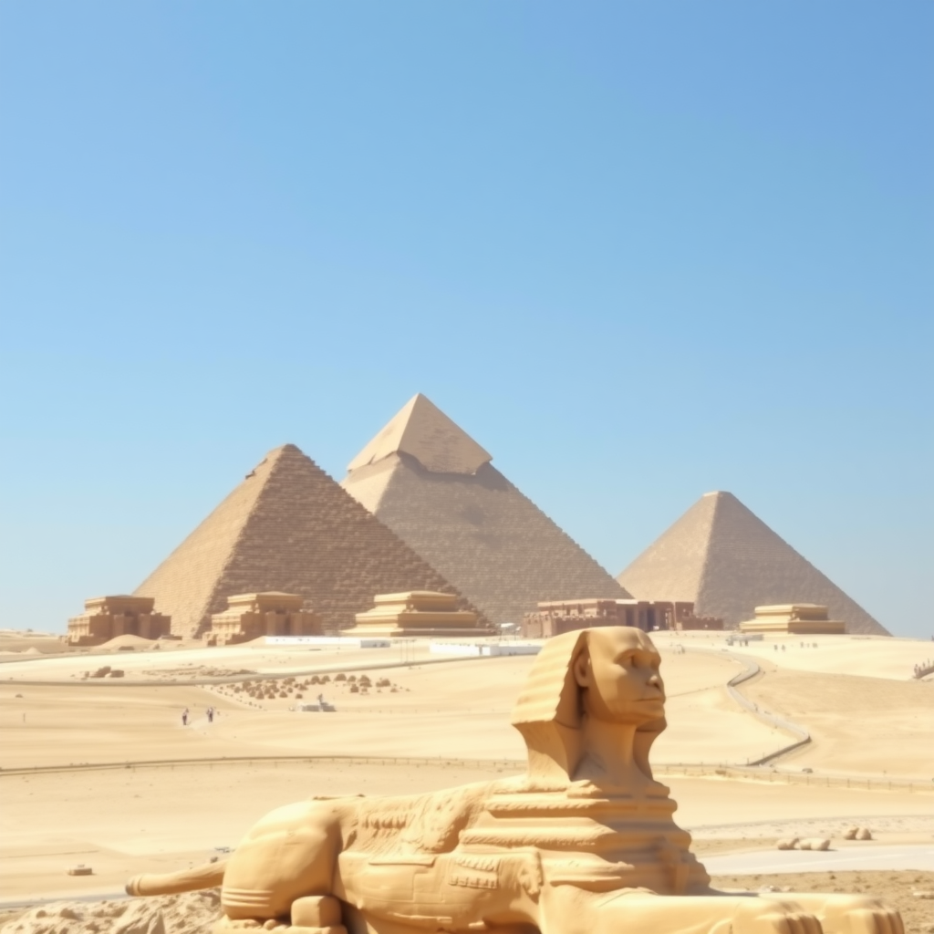 The Pyramids of Giza with the Sphinx in the foreground under a clear blue sky.