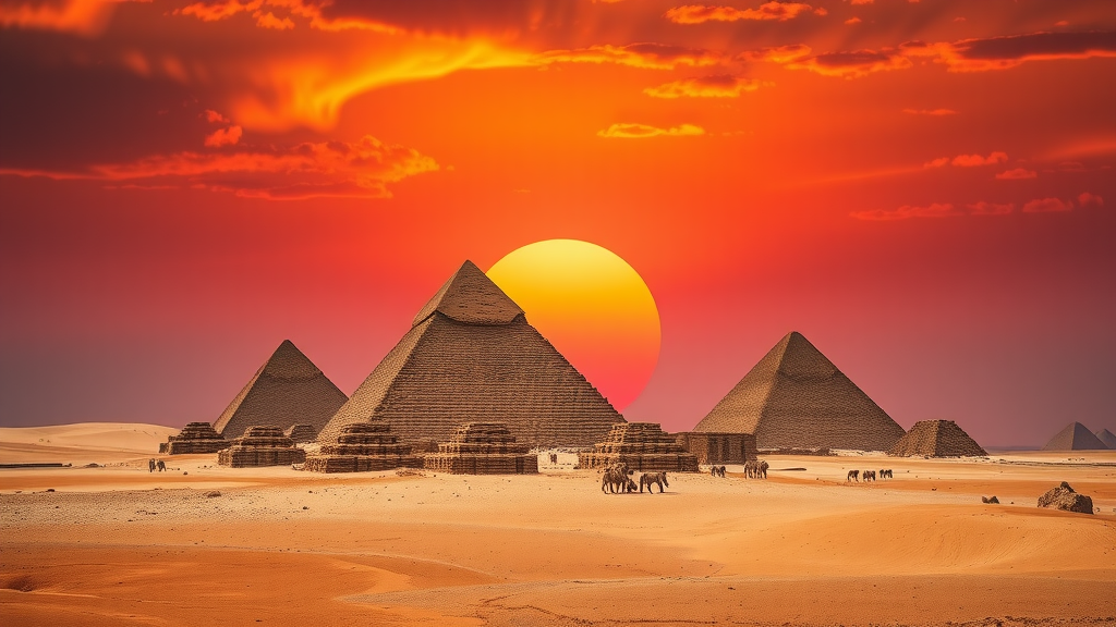 The Pyramids of Giza at sunset with an orange sky.