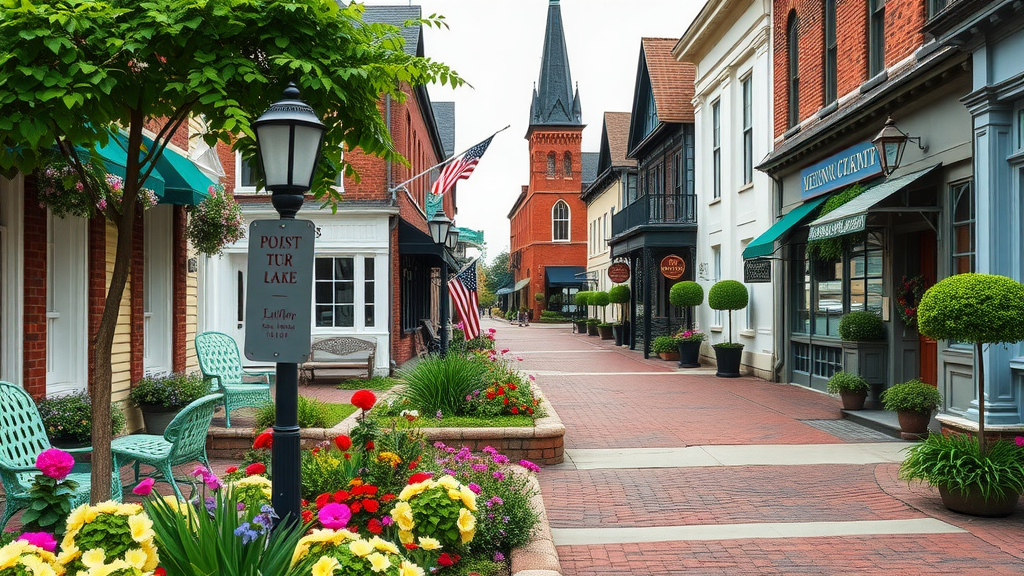 A picturesque street in Niagara-on-the-Lake, New York, showcasing vibrant flowers, quaint shops, and a peaceful atmosphere.