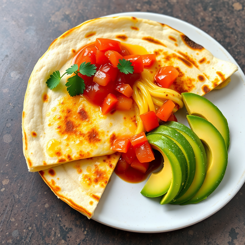 A plate with a quesadilla filled with Oaxacan cheese, topped with diced tomatoes and cilantro, accompanied by avocado slices.