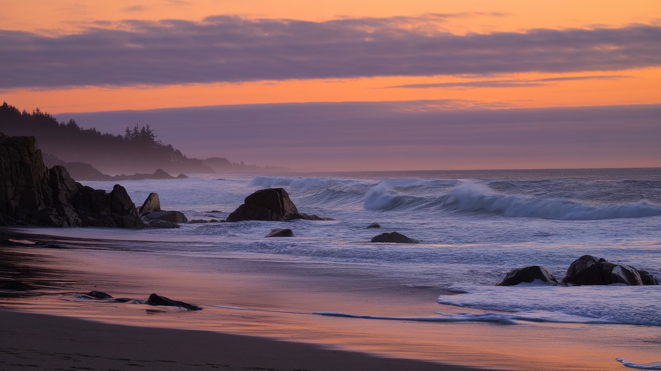 A tranquil beach on the Oregon Coast at sunset, featuring gentle waves and rocky formations.