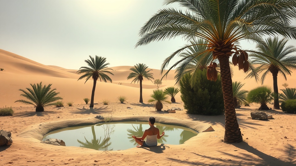 A person meditating by a tranquil pond surrounded by palm trees in a desert setting.