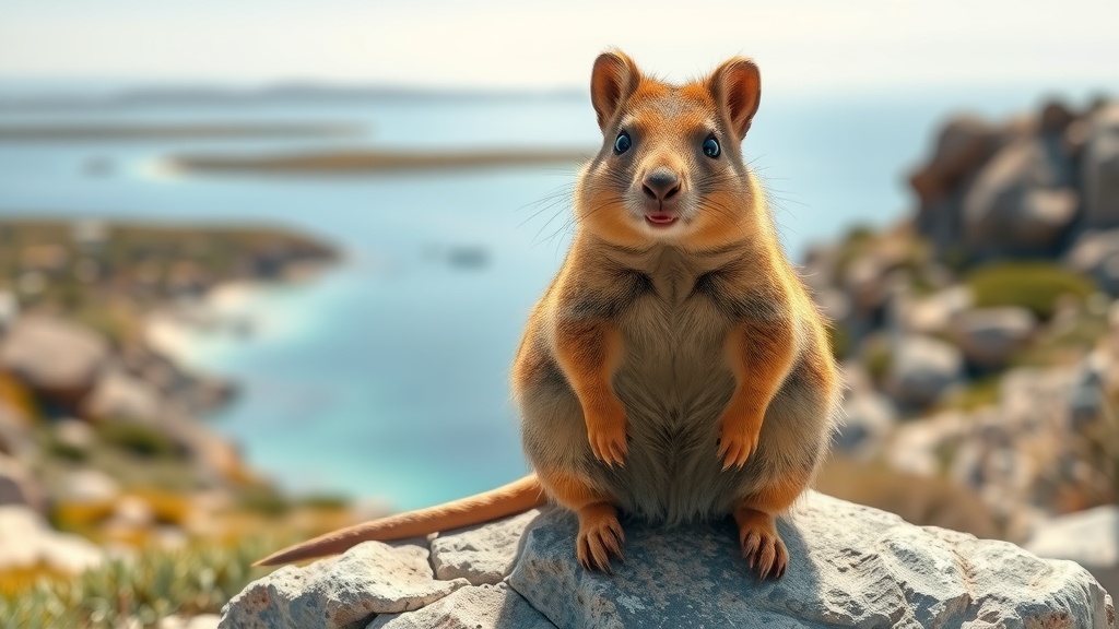 A cute quokka standing on a rock with a scenic background.