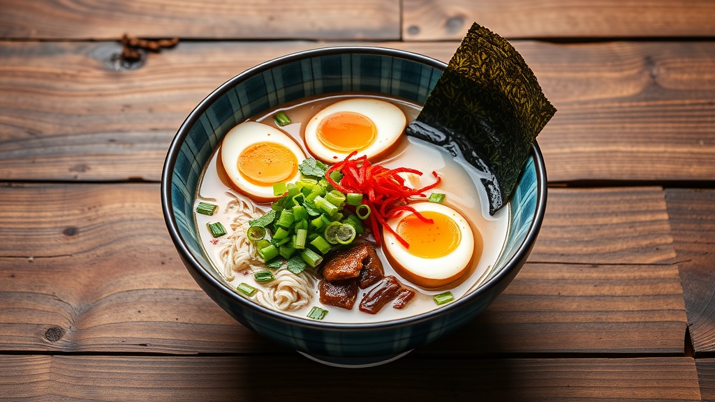 A bowl of ramen with soft-boiled eggs, green onions, and seaweed on a wooden table.