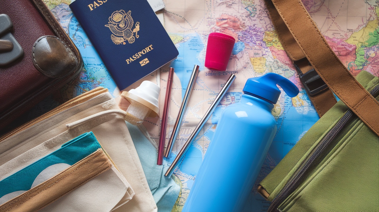 Travel essentials including a passport, reusable water bottle, and metal straws arranged on a map